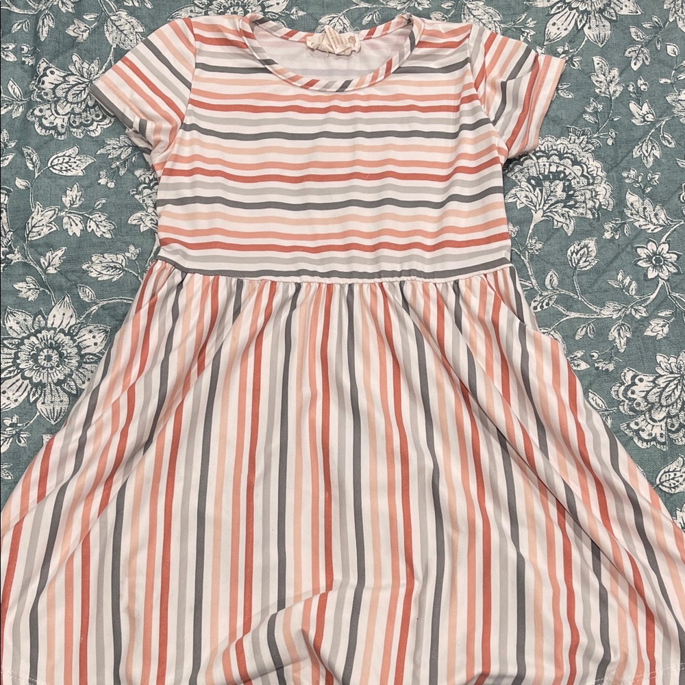 Adorable Striped Kids Dress in Peach and Gray
